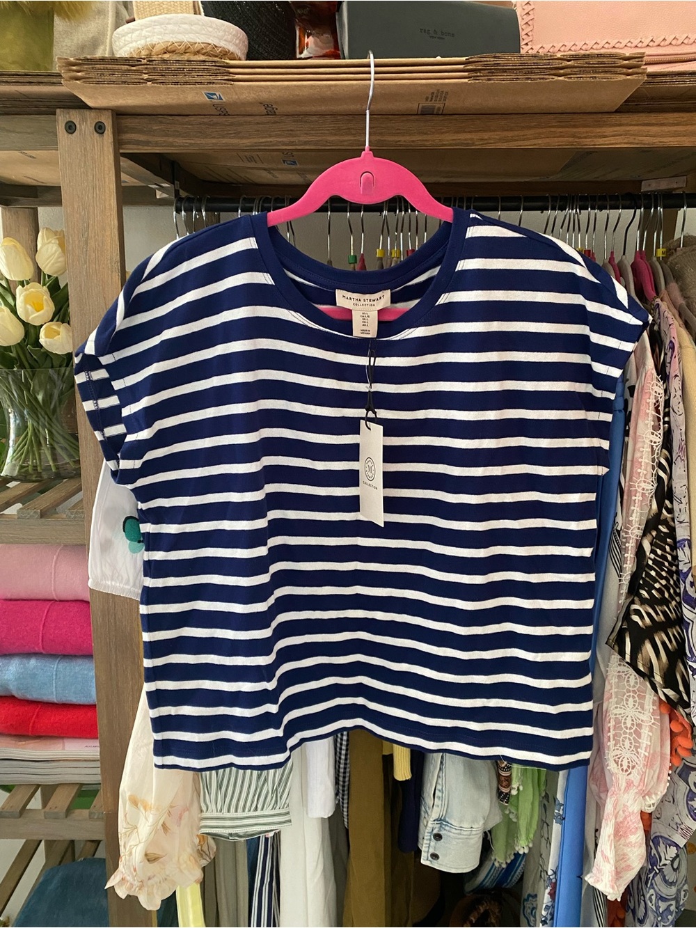 MARTHA STEWARD Navy & White Striped Tee - Short Sleeve